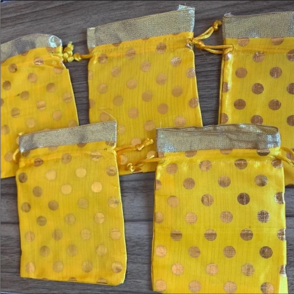 Lot of 10 Bright yellow & gold polka dot gift bags party favors Bollywood bag
